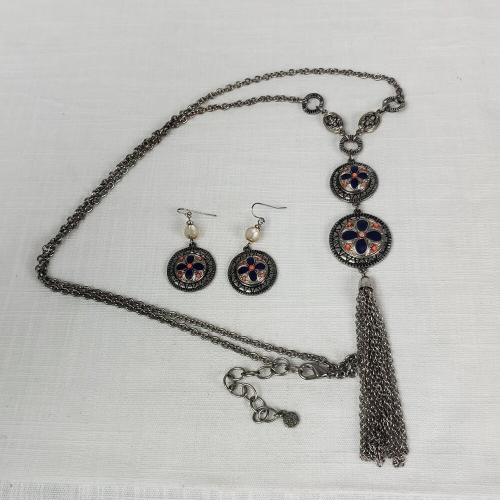 Ruby Rd Long Tassel End Round Pendant Silver Tone Necklace W/Earrings